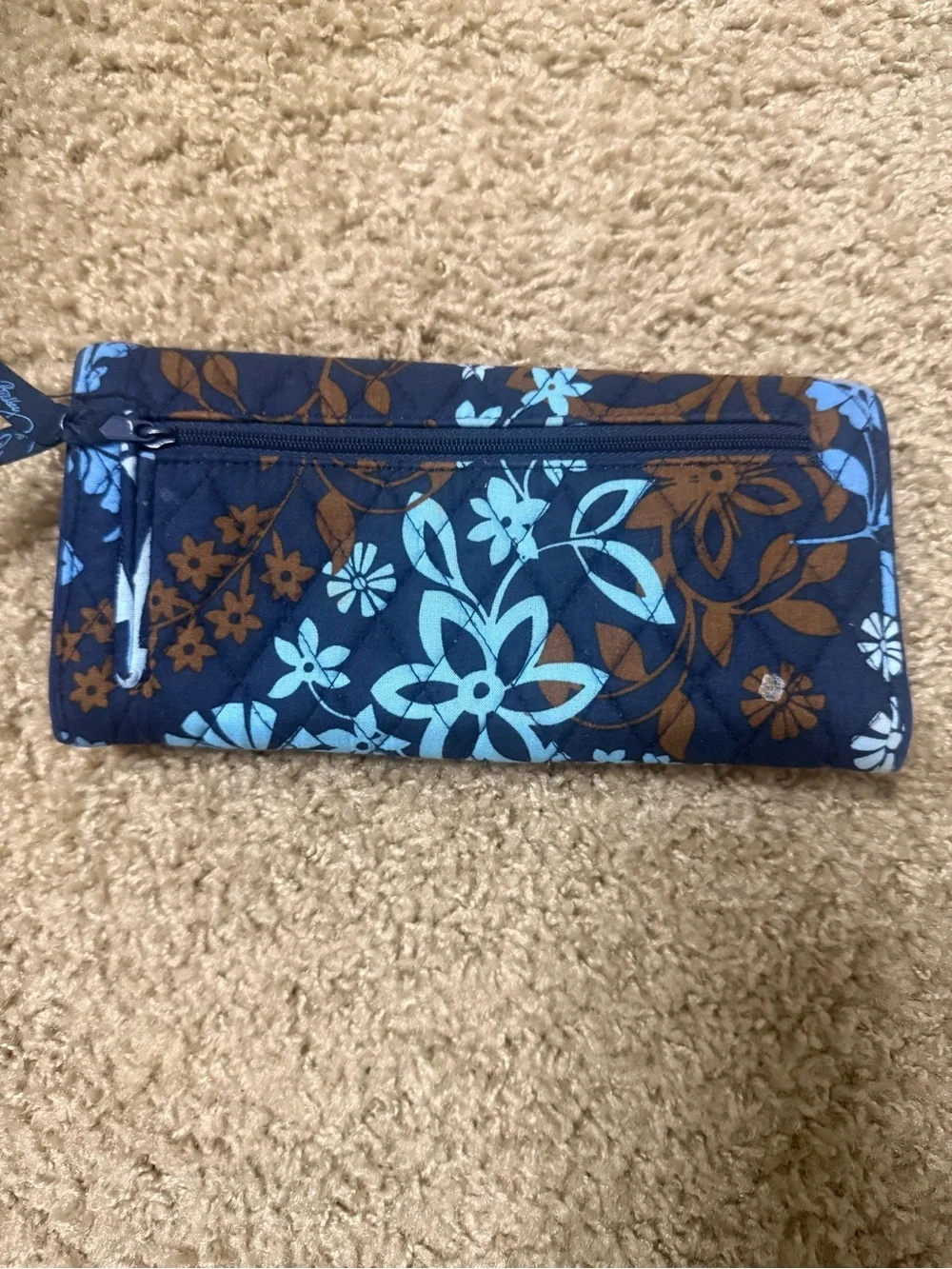 Vera Bradley Navy Quilted Floral Card Holder with Light Blue and Brown Accents